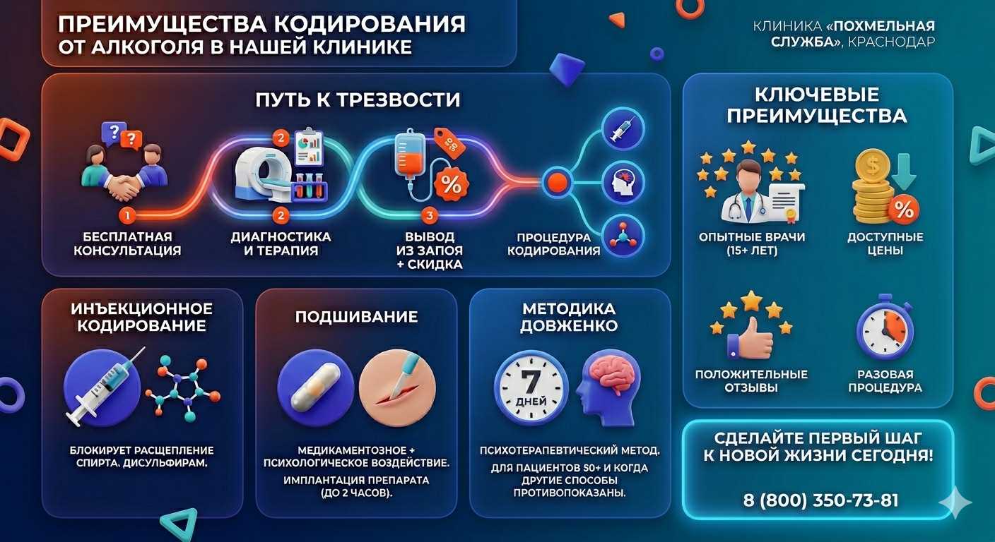 Инфографика о методах кодирования от алкоголя в Роза Хуторе: инъекции, подшивание, метод Довженко. Преимущества клиники и этапы лечения.