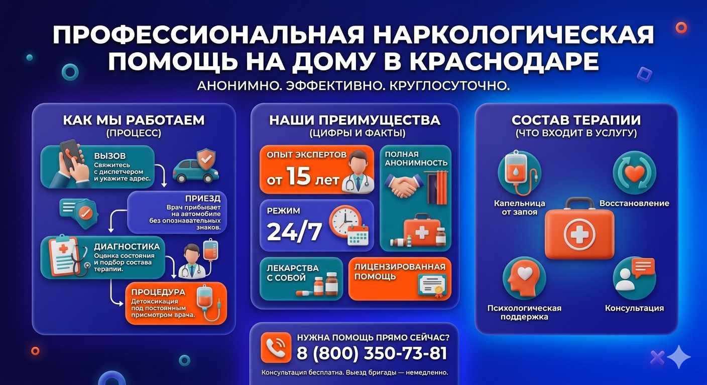 Инфографика о принципах лечения алкоголизма на дому в Роза Хуторе: этапы вызова нарколога, преимущества анонимной детоксикации и состав медицинской помощи.